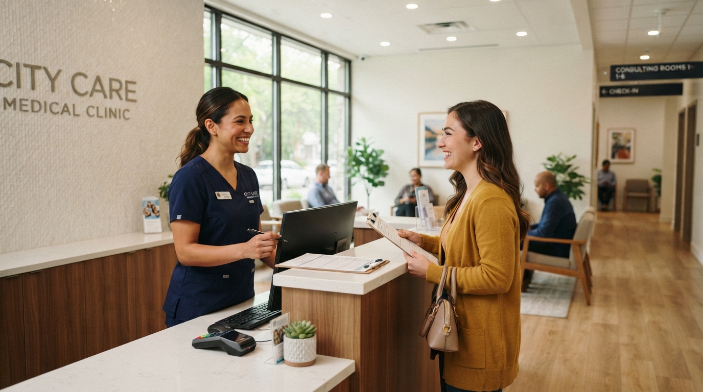 Warm modern clinic reception with a friendly receptionist smiling at a happy patient