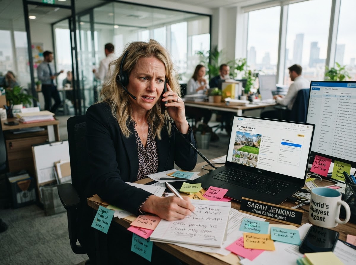 Real estate agent overwhelmed, juggling phone calls and portal enquiries at a desk
