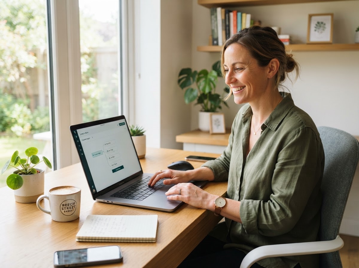 Relaxed business owner setting up support routing on a laptop