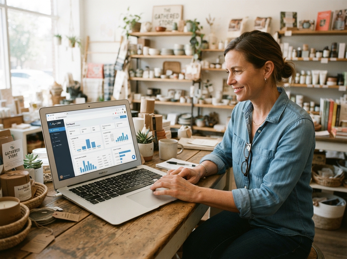 Relaxed shop owner setting up Zyri CRM on a laptop among their products