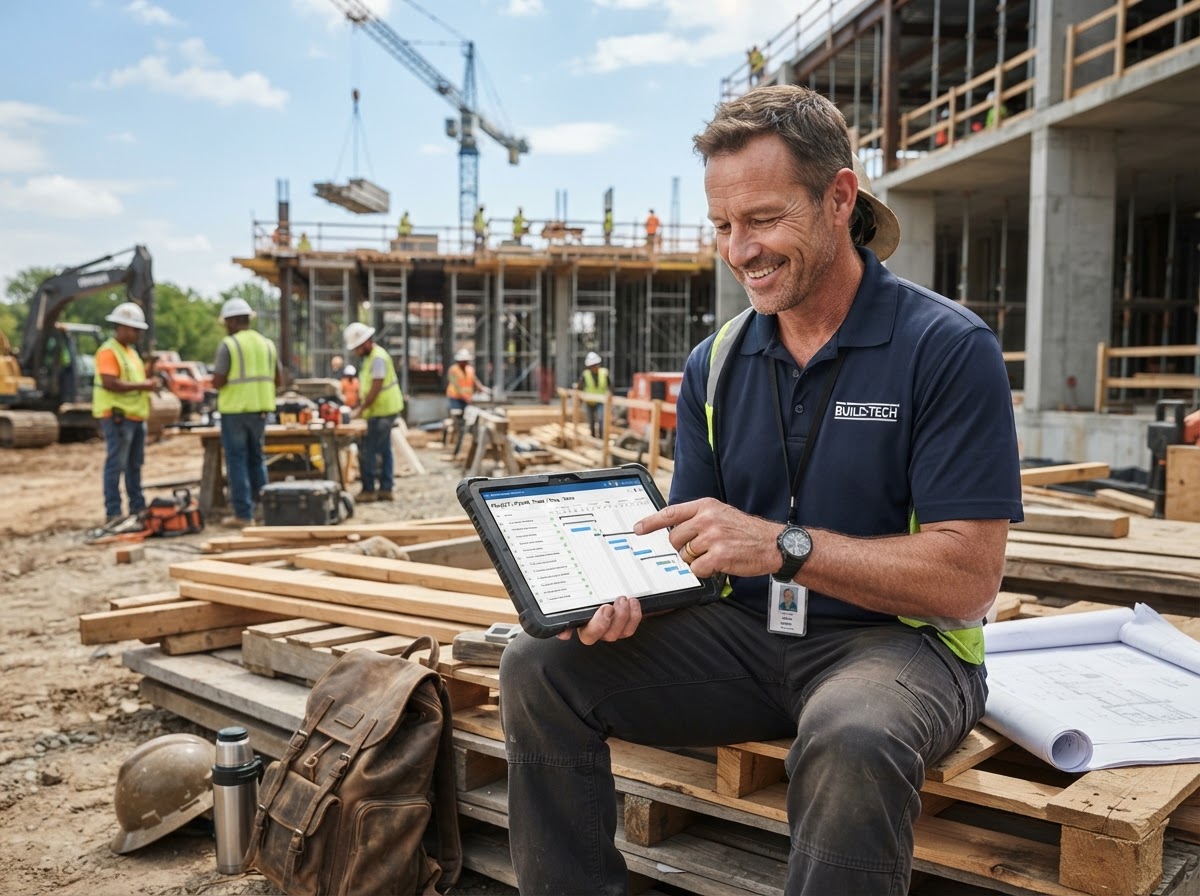 Relaxed contractor setting up their project pipeline on a tablet on site