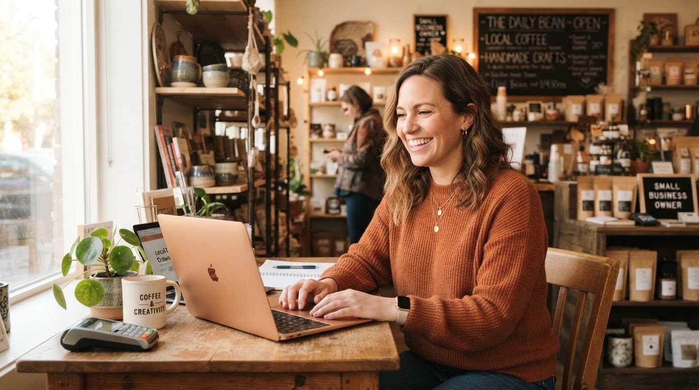 Happy small business owner smiling confidently at a laptop in their shop or small office