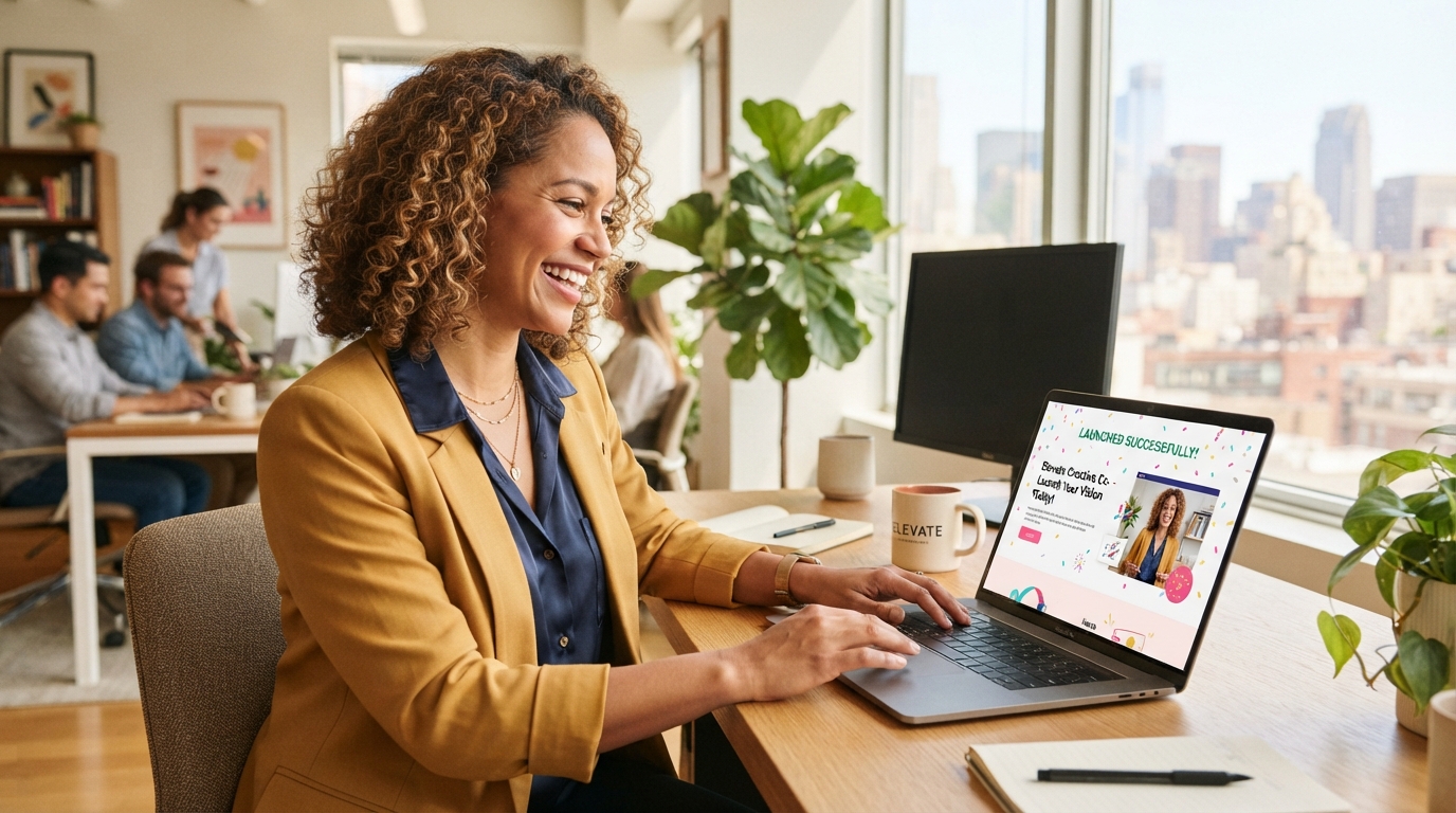 Proud business owner launching a landing page on a laptop