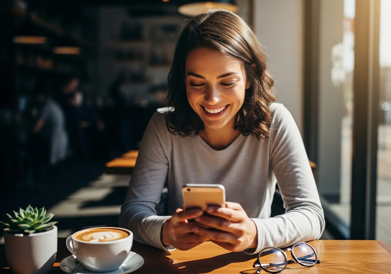 Happy business owner running her business from a coffee shop using the Zyri mobile app