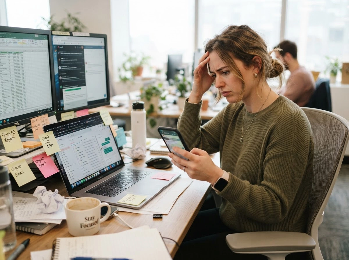 Young woman in office overwhelmed juggling multiple business tools and apps