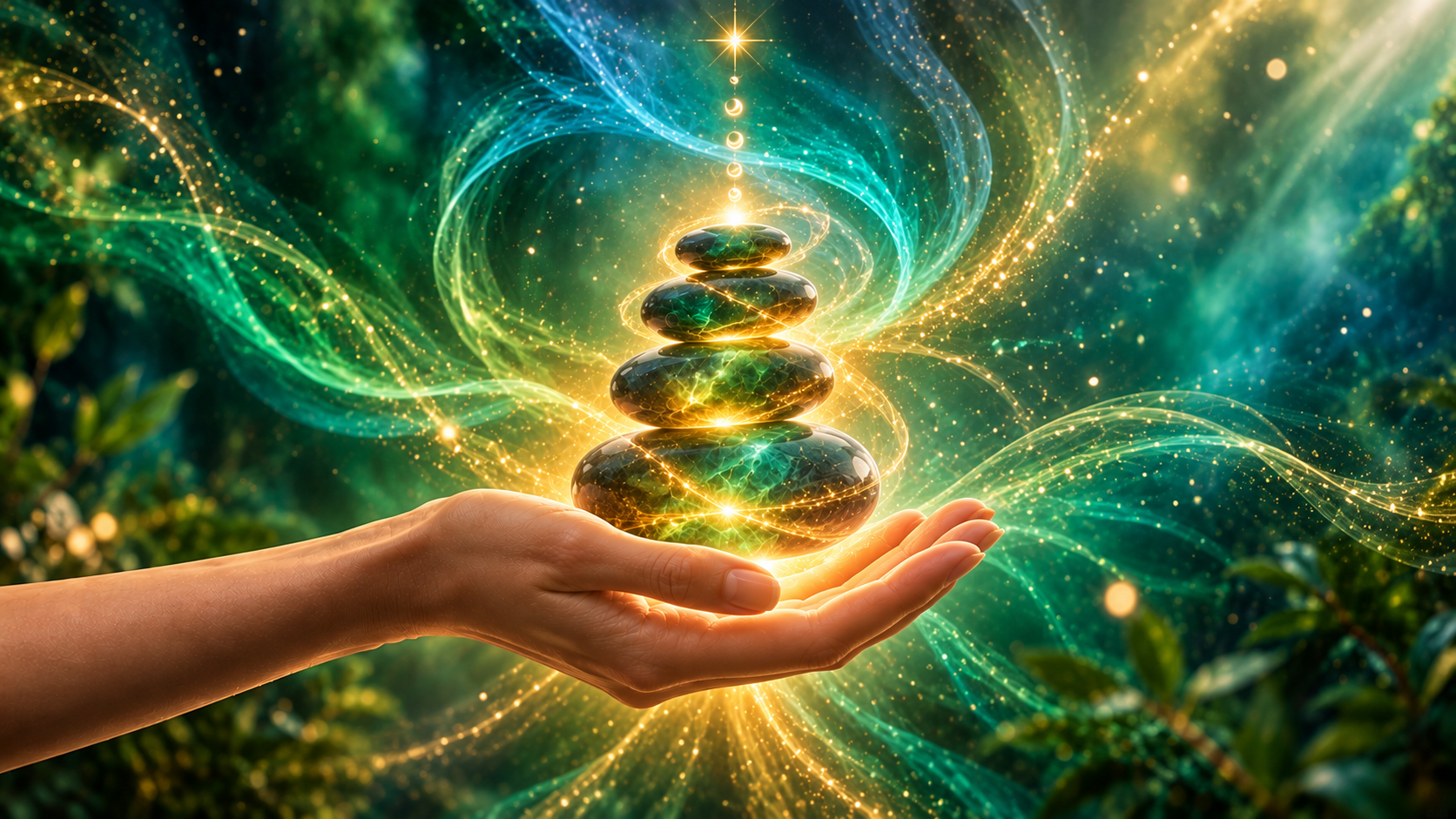 Stack of glowing balancing stones with golden energy rising through them in a forest at sunrise, symbolising grounding and foundation for the Evolve Level 1 healing course.