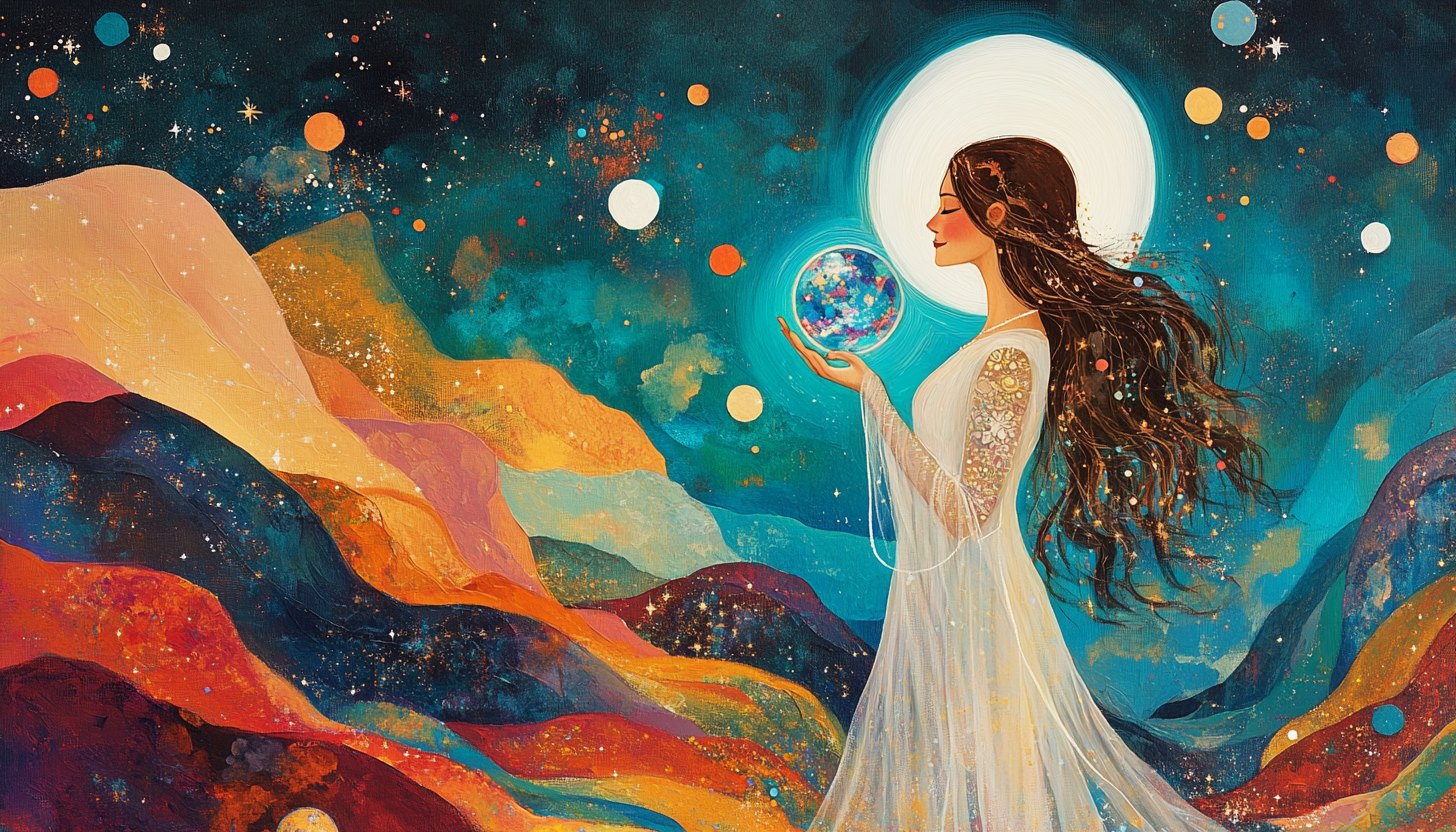 Woman in flowing white dress holding a glowing celestial orb against a colourful mountain and starry sky, symbolising vision and possibility for the Dare to Dream Bigger course
