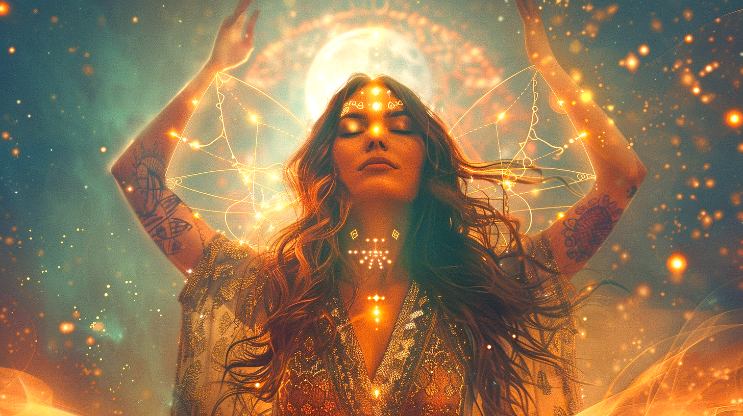 Woman with eyes closed in golden light activation, third-eye glow and geometric energy wings, symbolising cellular and energetic renewal for the Energy Elevation course