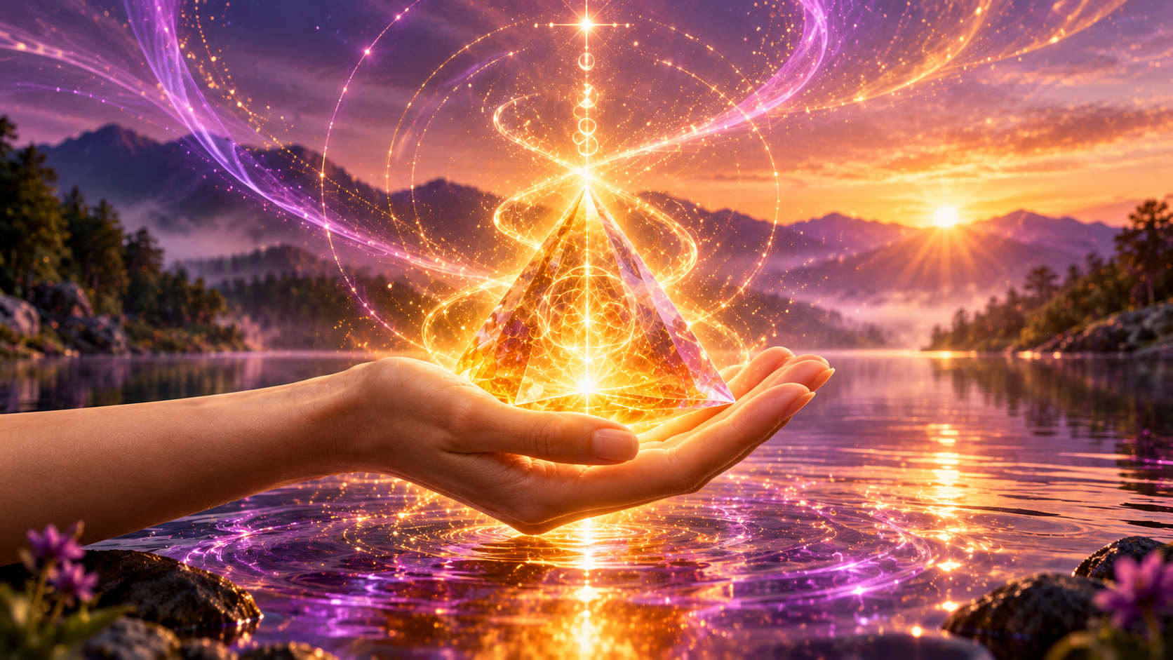 Glowing orange crystal pyramid reflected on purple water at sunrise, symbolising ascension for the Rising Stars Level 2 healing course.