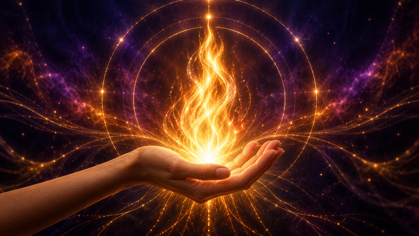 Open hand holding a rising golden flame surrounded by expanding rings of light, symbolising embodied authority for the Thrive mentorship course