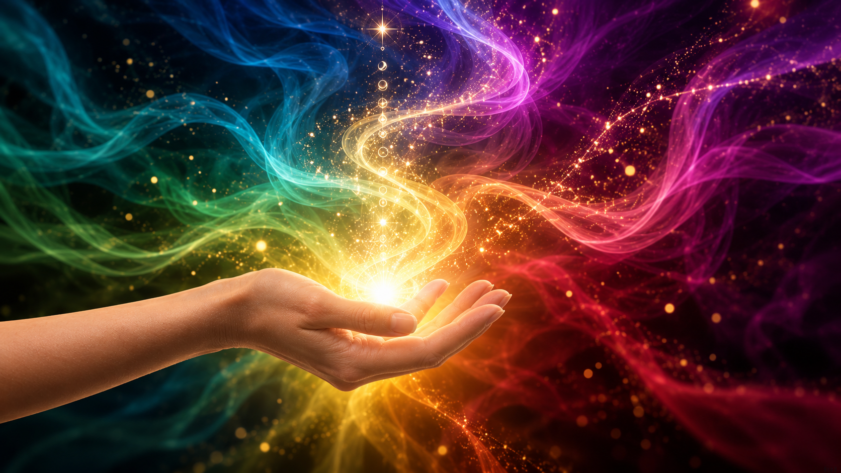 Hand receiving glowing rainbow light energy, representing the Awaken Your Soul Gifts intuitive development course.