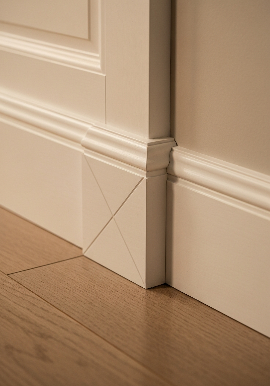 Close up of a clean white baseboard and trim