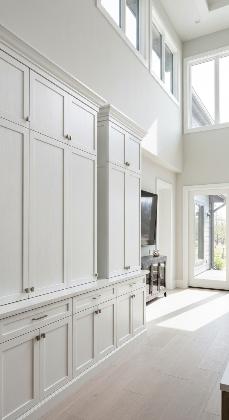 Clean modern home interior with white wood custom cabinetry