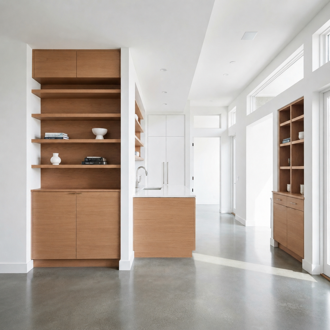Modern clean white interior with custom wood built-ins