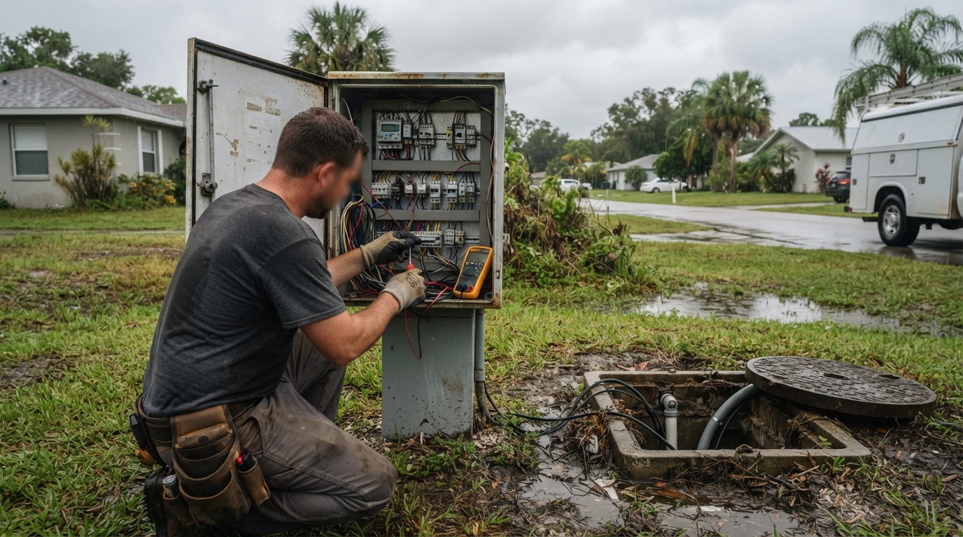 Sewage lift station float switch repair after a storm-related power outage in East Naples