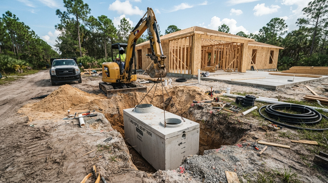New septic tank installation at a new-construction lot in Golden Gate Estates