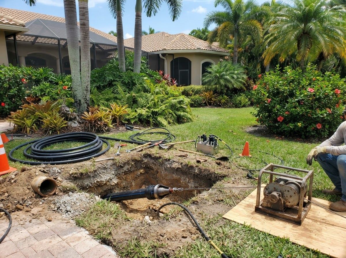 Pipe bursting access pit near established landscaping at a Pelican Bay property