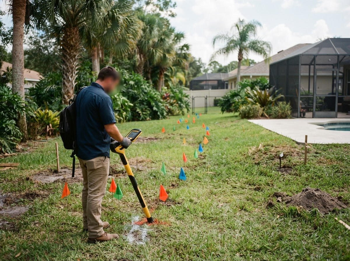 Sewer line locating before pool installation excavation in Lely