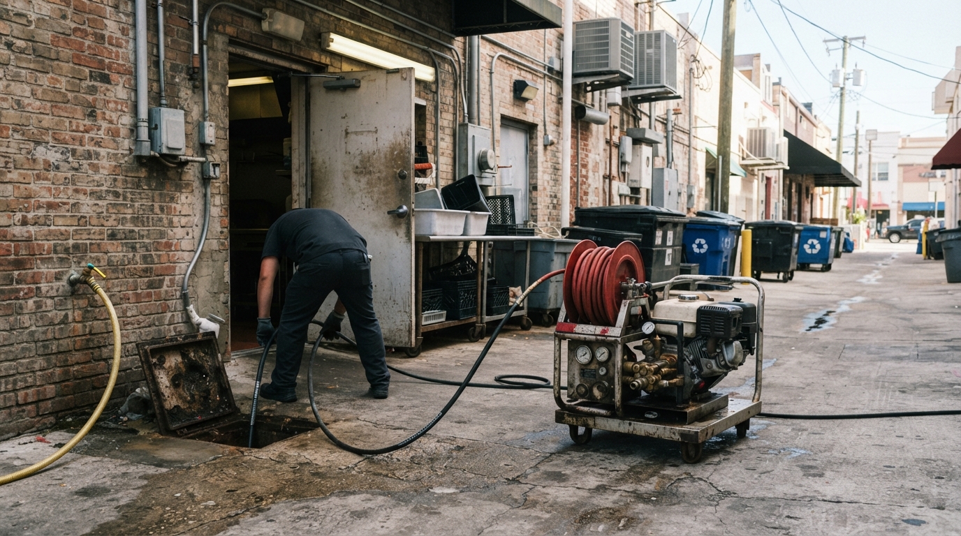 Commercial hydro-jetting service at a restaurant kitchen line along Fifth Avenue South
