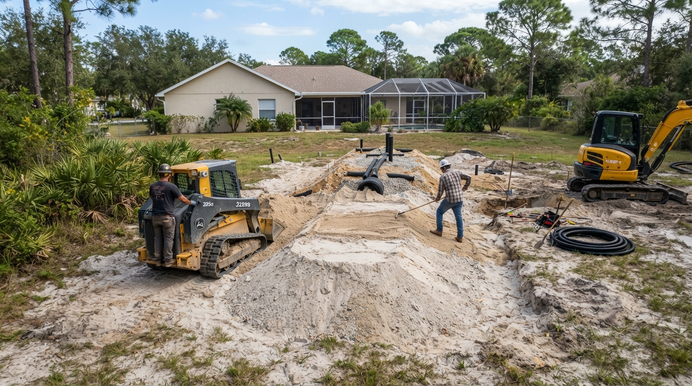 Mound septic system installation on a larger lot in Golden Gate Estates