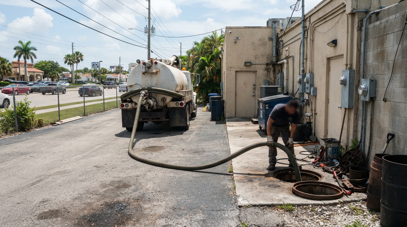 Commercial grease interceptor pump-out at a restaurant along US-41 in Naples