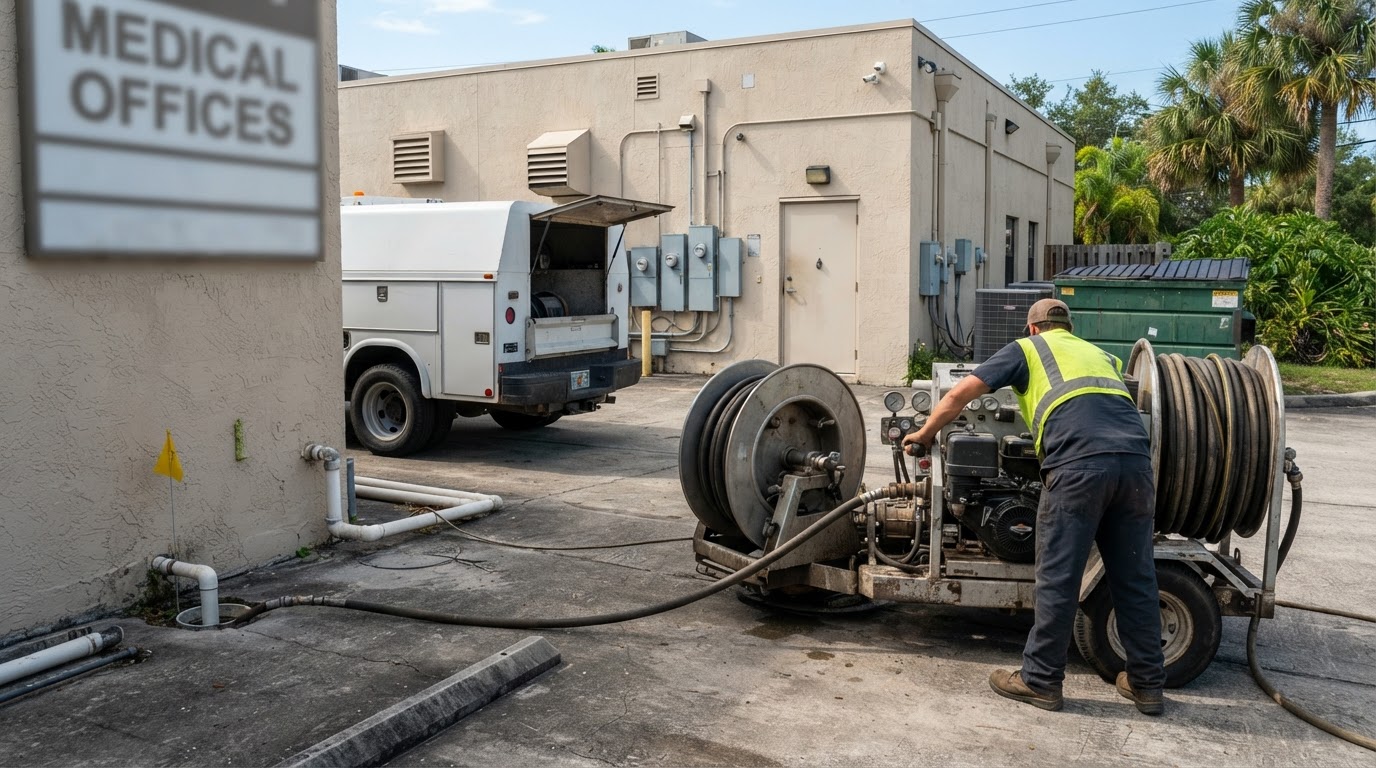 Commercial hydro-jetting service at a medical office building along Goodlette-Frank Road