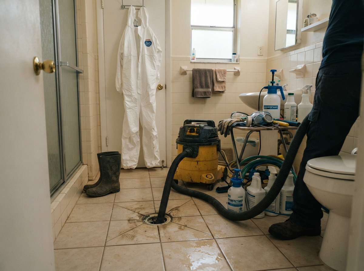 Sewage backup cleanup equipment staged in a Golden Gate home following a storm-related backup