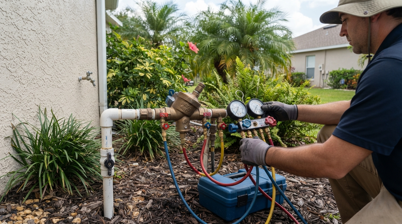 Backflow preventer testing service at a residential irrigation system in North Naples