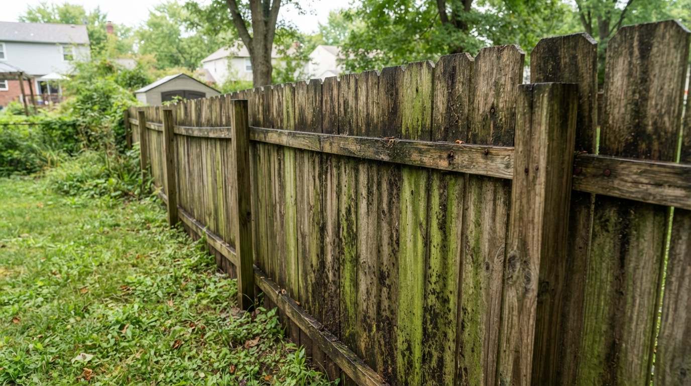 Restored wood fence surrounded by lush green lawn after soft wash fence cleaning