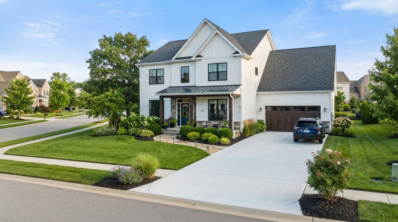 Clean suburban neighborhood home meeting strict HOA exterior standards