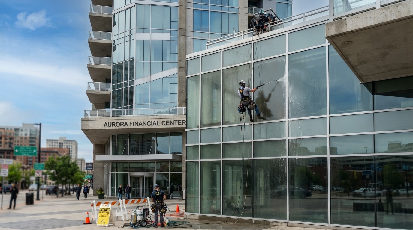 Large commercial glass and stone office building cleaned via exterior soft wash