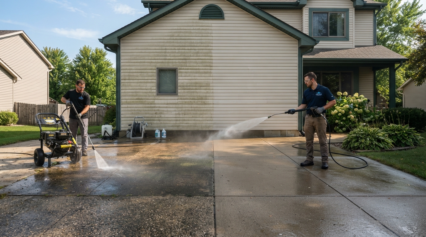 Technician explaining soft washing versus pressure washing methods for house cleaning in Louisiana