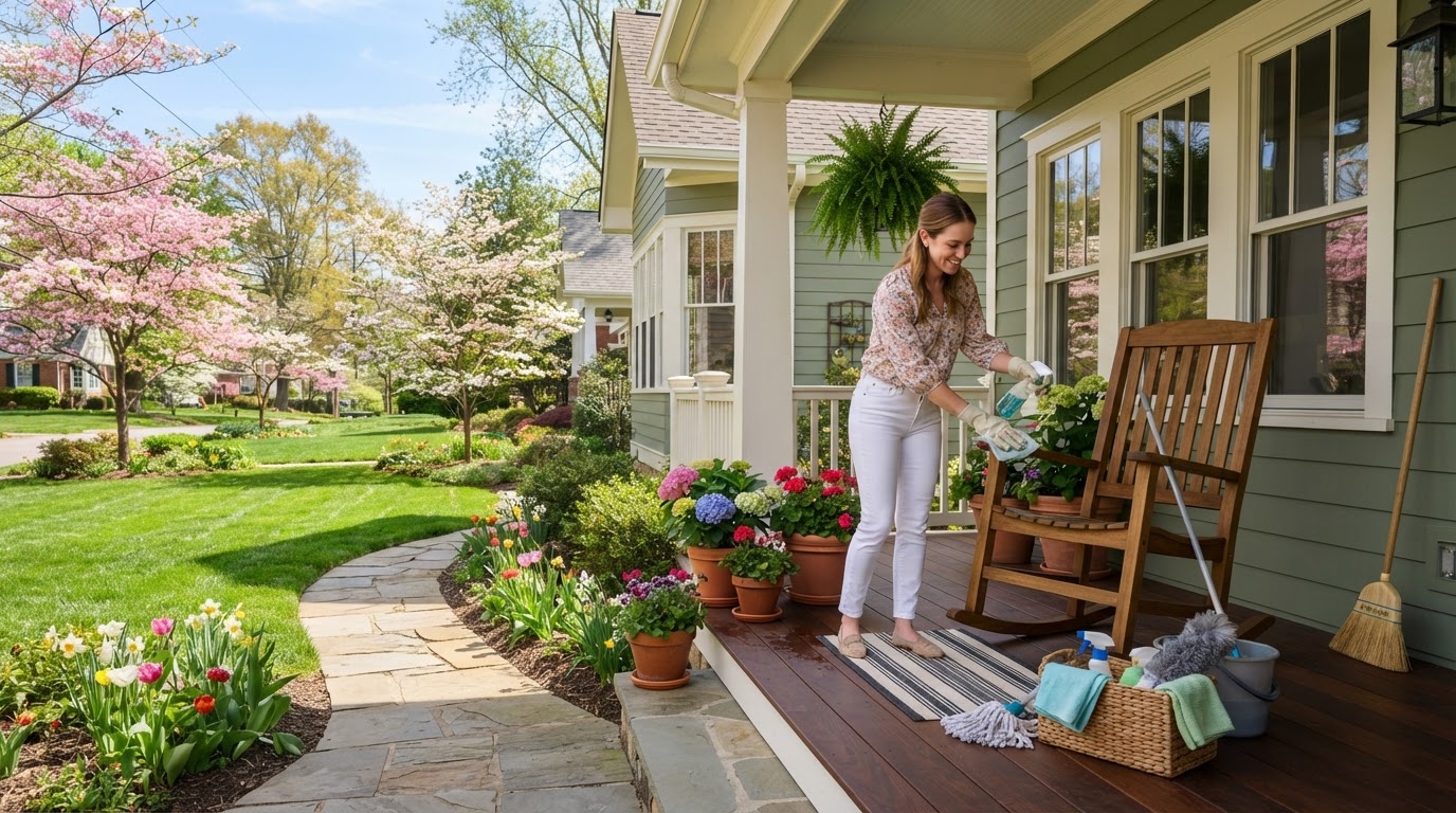 Bright spring exterior house setting with clean driveway and porch