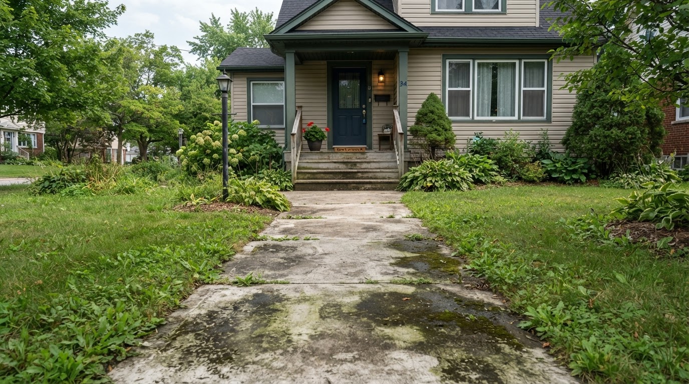 Pristine concrete walkway following professional sidewalk cleaning in Sulphur