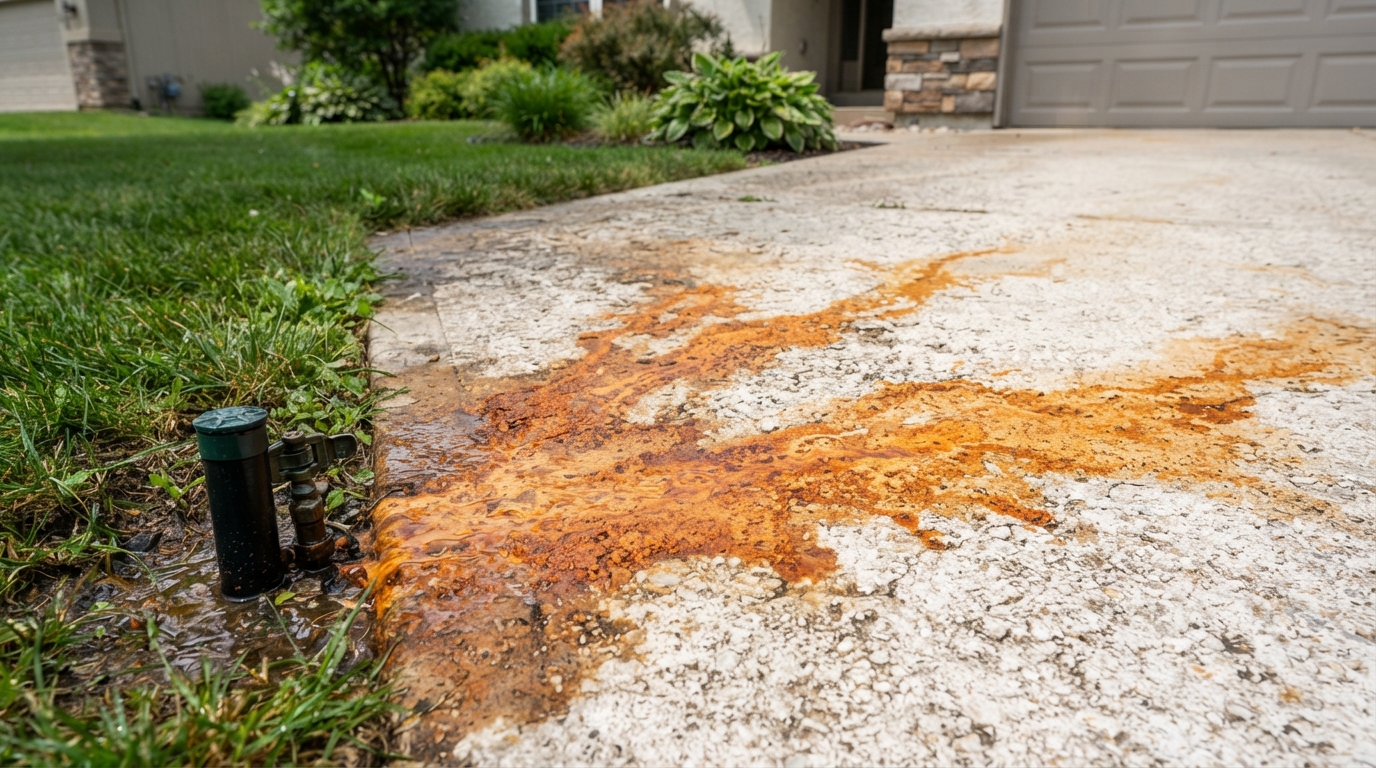 Clean concrete surface free of orange rust and fertilizer stains