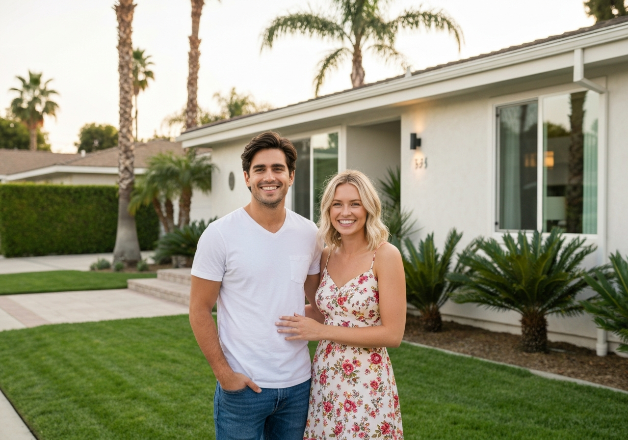 Happy family outside a modern Southern California home