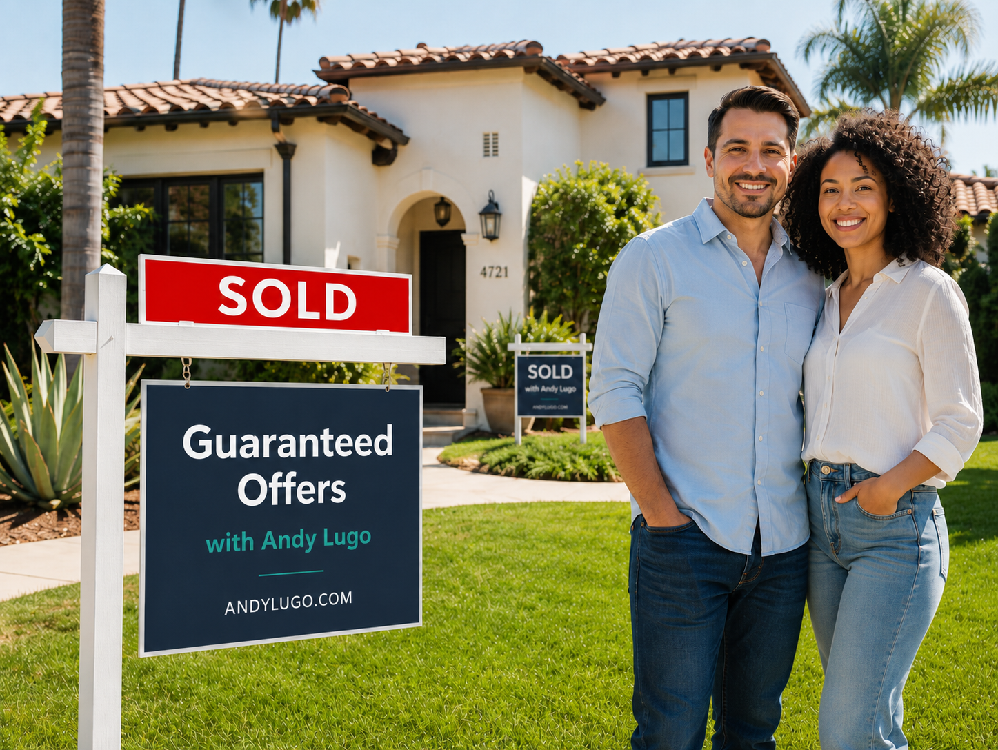 Andy Lugo Guaranteed Offers Sold Sign with happy homeowners