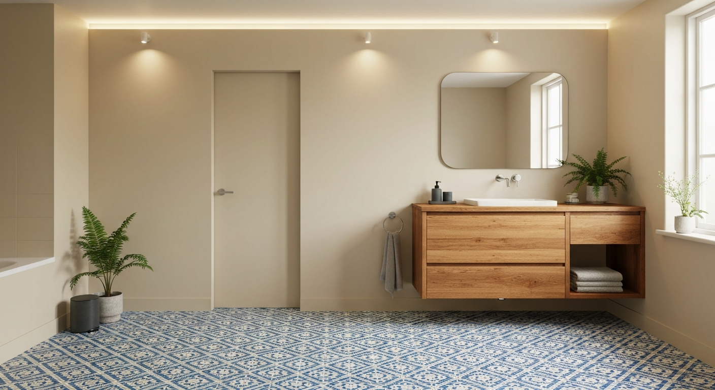 Bathroom featuring a bold patterned floor tile