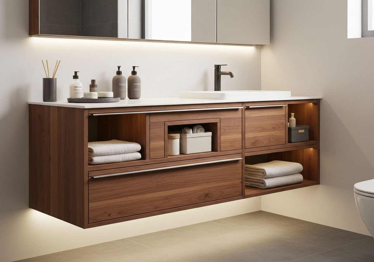 Floating bathroom vanity with warm wood finish and smart storage