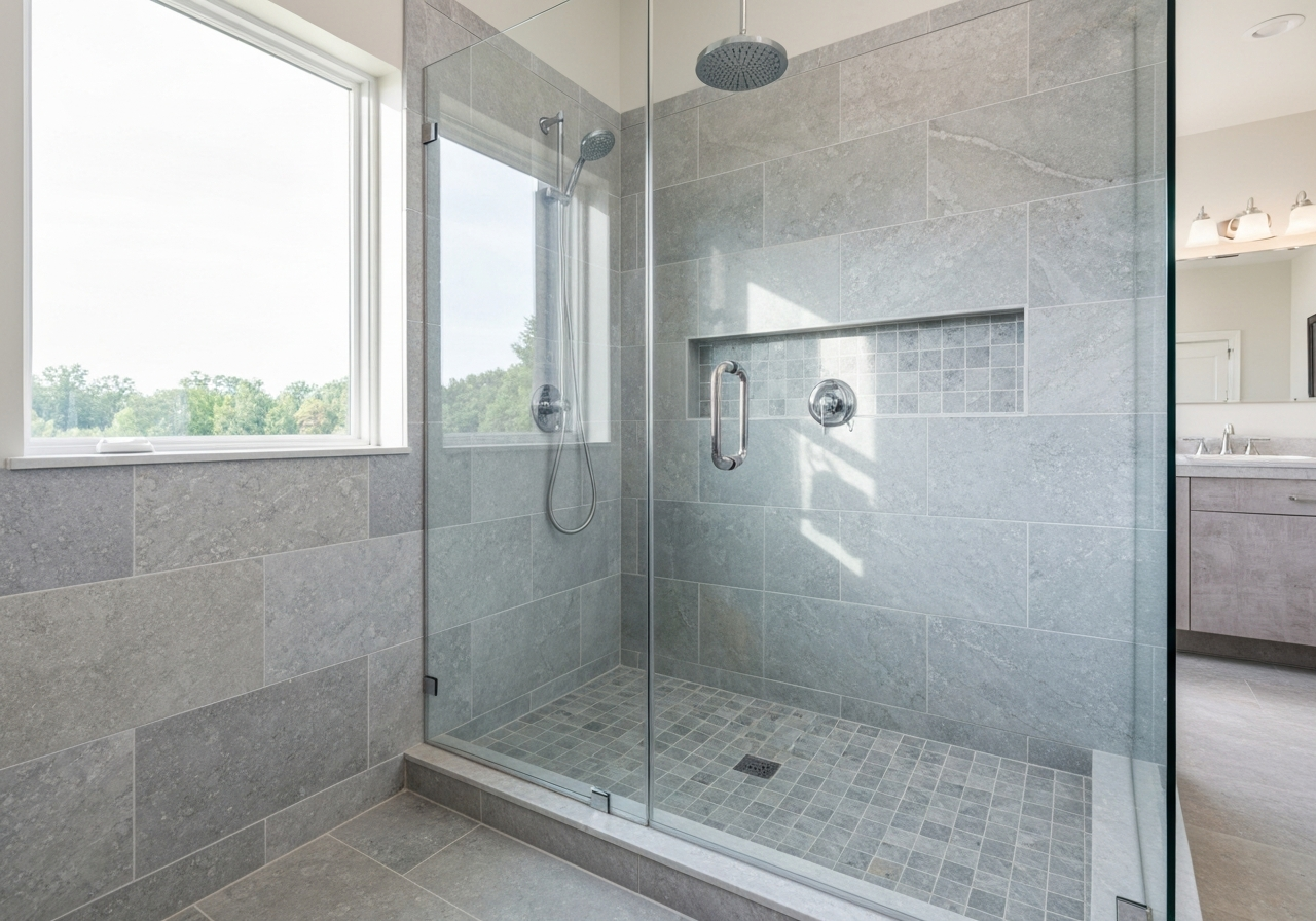 Curbless walk-in shower with natural stone tile