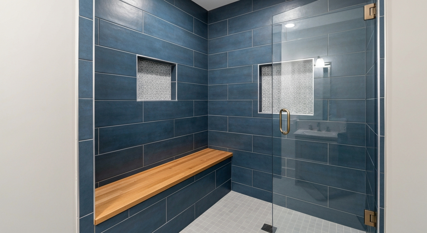 Custom tiled shower with a built-in bench and recessed niches