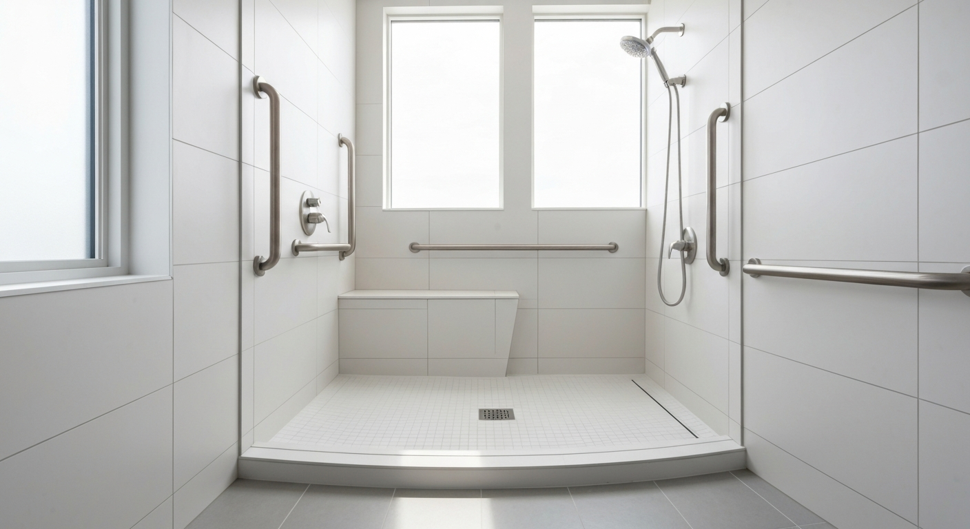 Low-threshold walk-in shower with safety grab bars