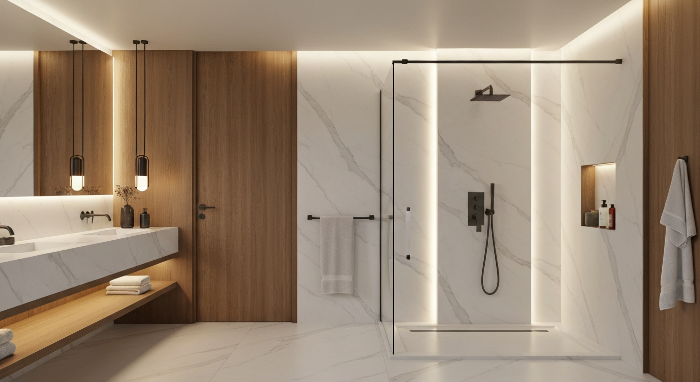 Modern bathroom with smart shower and warm natural materials