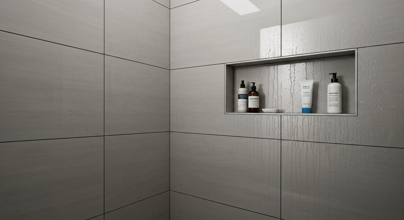 Close up of a modern walk-in shower with large-format porcelain tile