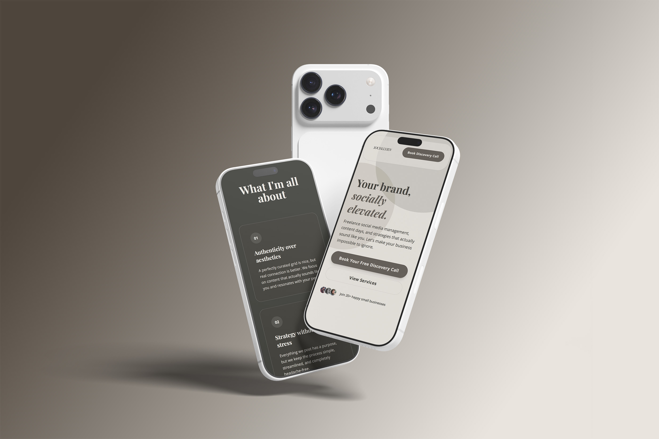 SociallyJen freelance social media management platform - mobile responsive web design by W3Pro showing brand discovery, booking, and services interfaces across multiple devices