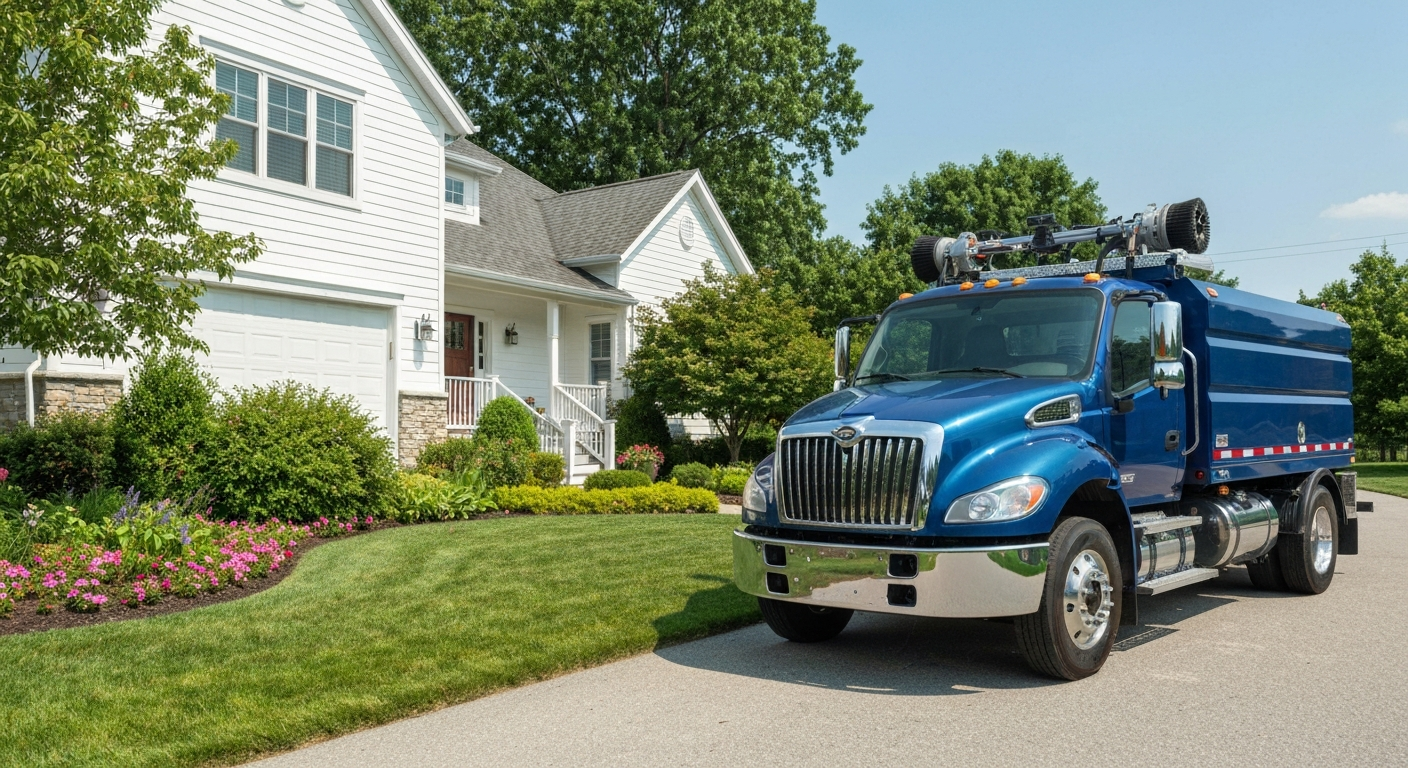 Professional pressure washing truck parked outside a beautiful suburban home