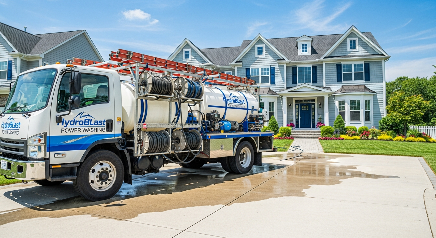 Professional pressure washing truck and clean driveway