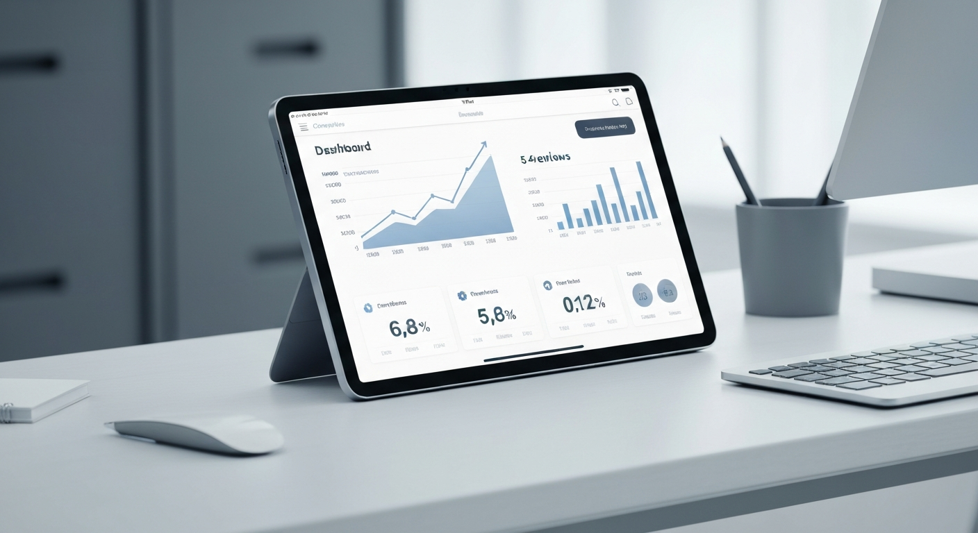 Modern tablet displaying a dashboard with upward trending charts