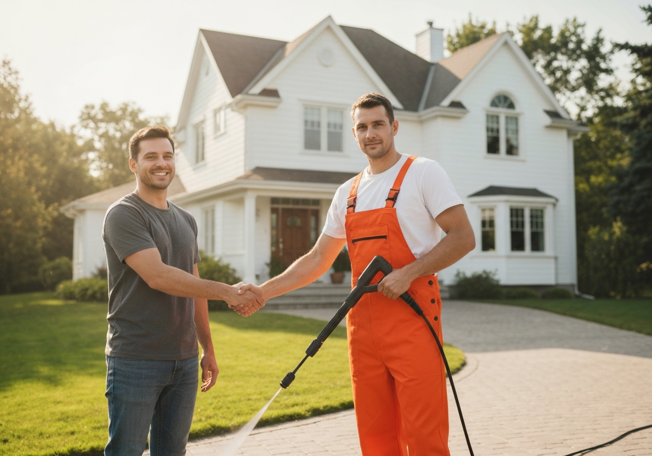 Happy homeowner shaking hands with a professional pressure washer