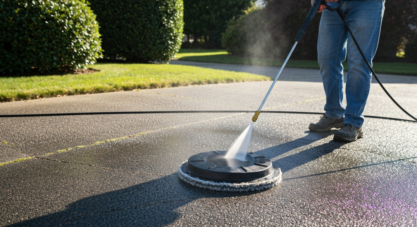 Pressure washer actively cleaning a driveway